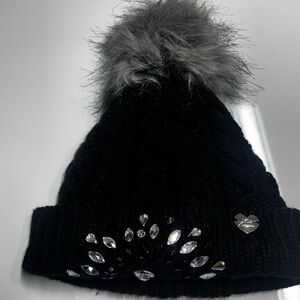 Betsey Johnson Black Beanie with Gray Faux Fur Pom